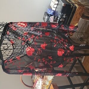 Women's Black Mesh Red Rose Floral Embroidered Bodysuit Size XL
